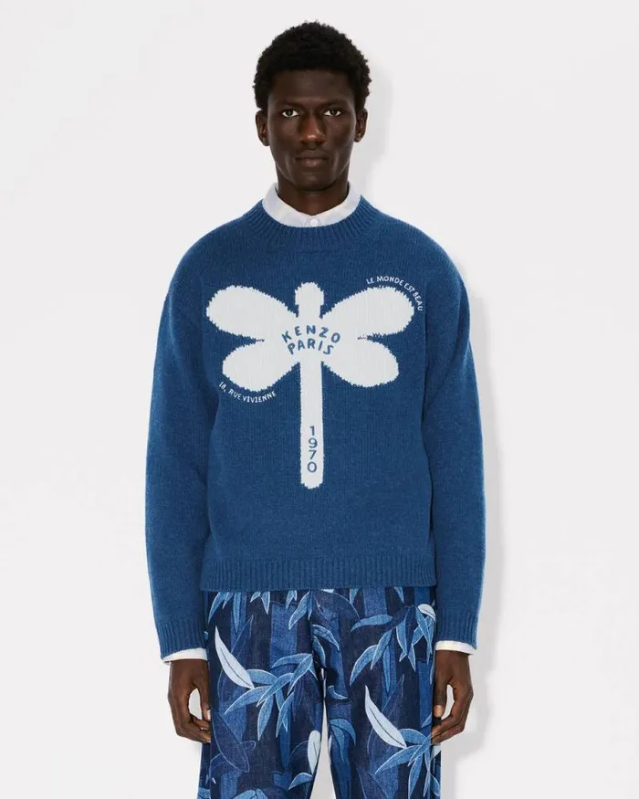 Men 039KENZO Dragonfly039 Embroidered Wool Jumper Blue Kenzo Sweaters And Cardigans