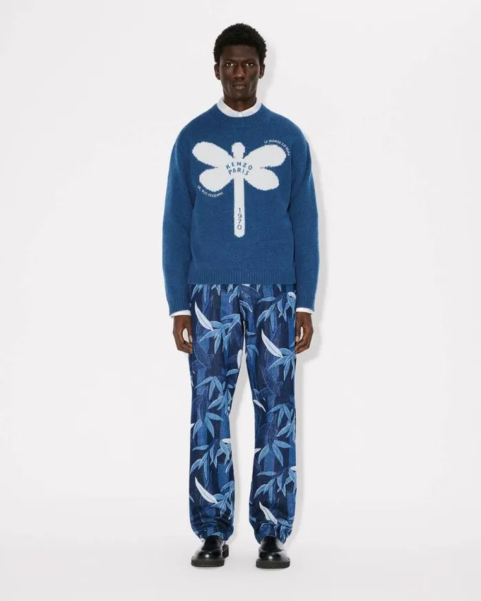 Men 039KENZO Dragonfly039 Embroidered Wool Jumper Blue Kenzo Sweaters And Cardigans