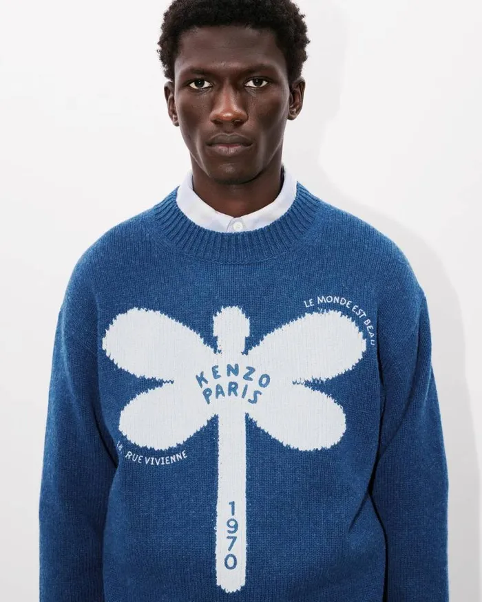 Men 039KENZO Dragonfly039 Embroidered Wool Jumper Blue Kenzo Sweaters And Cardigans