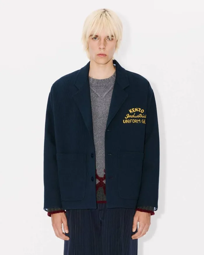 Men 039KENZO Drawn Varsity039 Embroidered Workwear Jacket Midnight Blue Kenzo Jackets And Coats