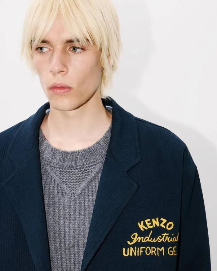 Men 039KENZO Drawn Varsity039 Embroidered Workwear Jacket Midnight Blue Kenzo Jackets And Coats