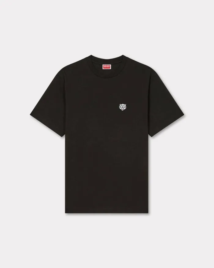 Men 039KENZO Happy Tiger039 Embroidered Tshirt In Cotton Black Kenzo Tshirts And Polos