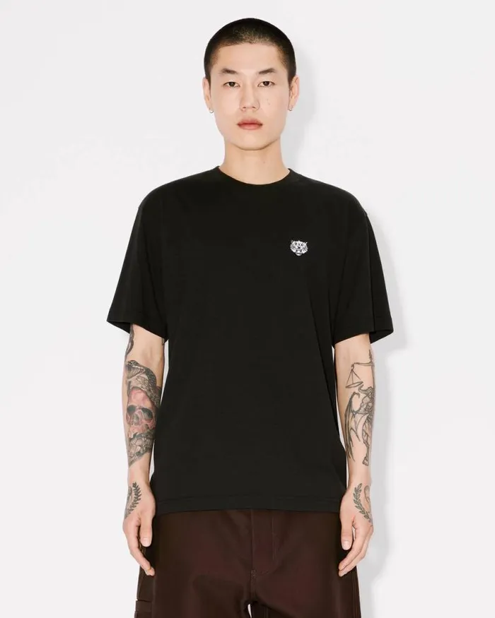 Men 039KENZO Happy Tiger039 Embroidered Tshirt In Cotton Black Kenzo Tshirts And Polos
