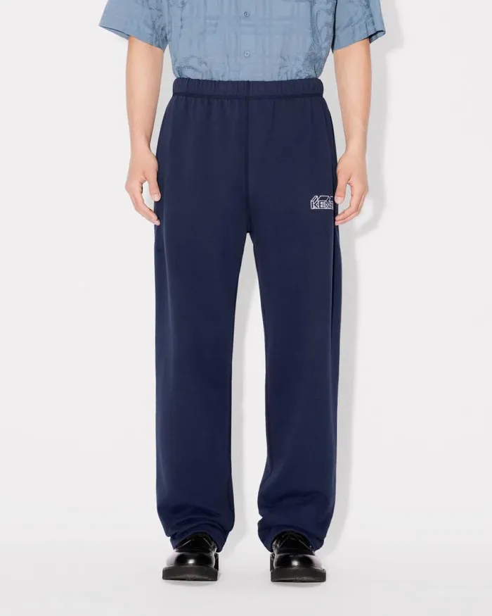 Men 039KENZO Kube039 Straight Embroidered Jog Pants Midnight Blue Kenzo Pants And Shorts
