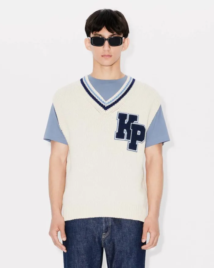 Men 039KENZO Paris Varsity039 Vest In Wool And Cotton Off White Kenzo Sweaters And Cardigans