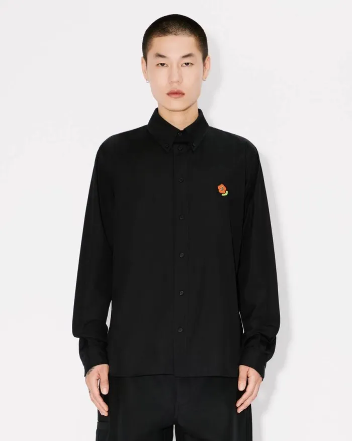 Men 039KENZO Pop039 Casual Embroidered Poplin Shirt Black Kenzo Shirts