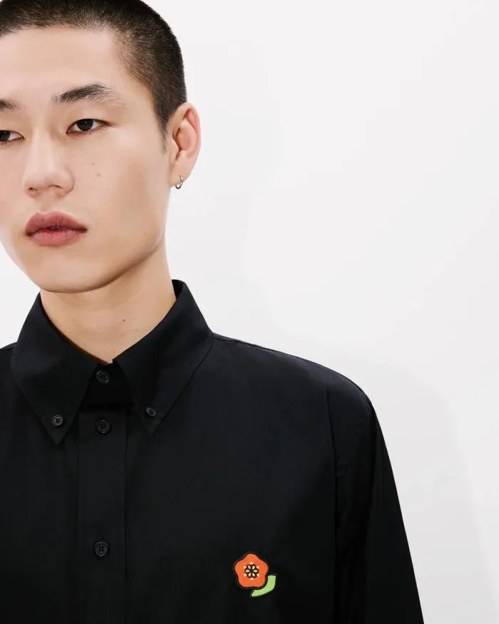 Men 039KENZO Pop039 Casual Embroidered Poplin Shirt Black Kenzo Shirts