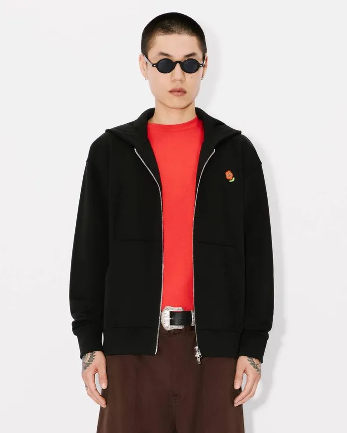 Men 039KENZO Pop039 Embroidered Zipped Hoodie In Cotton Black Kenzo Sweatshirts And Hoodies