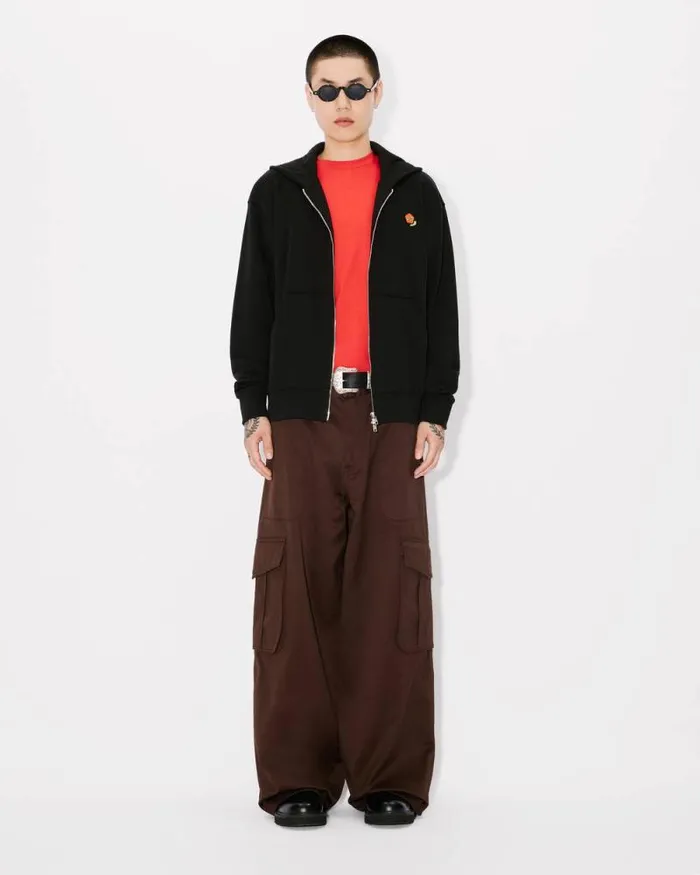 Men 039KENZO Pop039 Embroidered Zipped Hoodie In Cotton Black Kenzo Sweatshirts And Hoodies