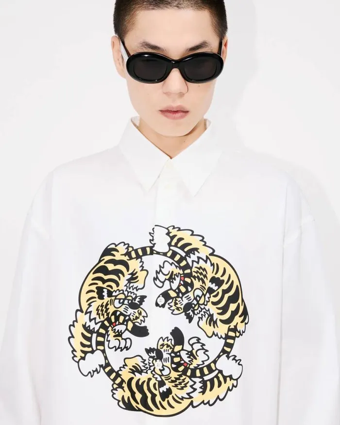 Men 039KENZO VERDY MARKET039 Casual Poplin Shirt In Cotton White Kenzo Shirts