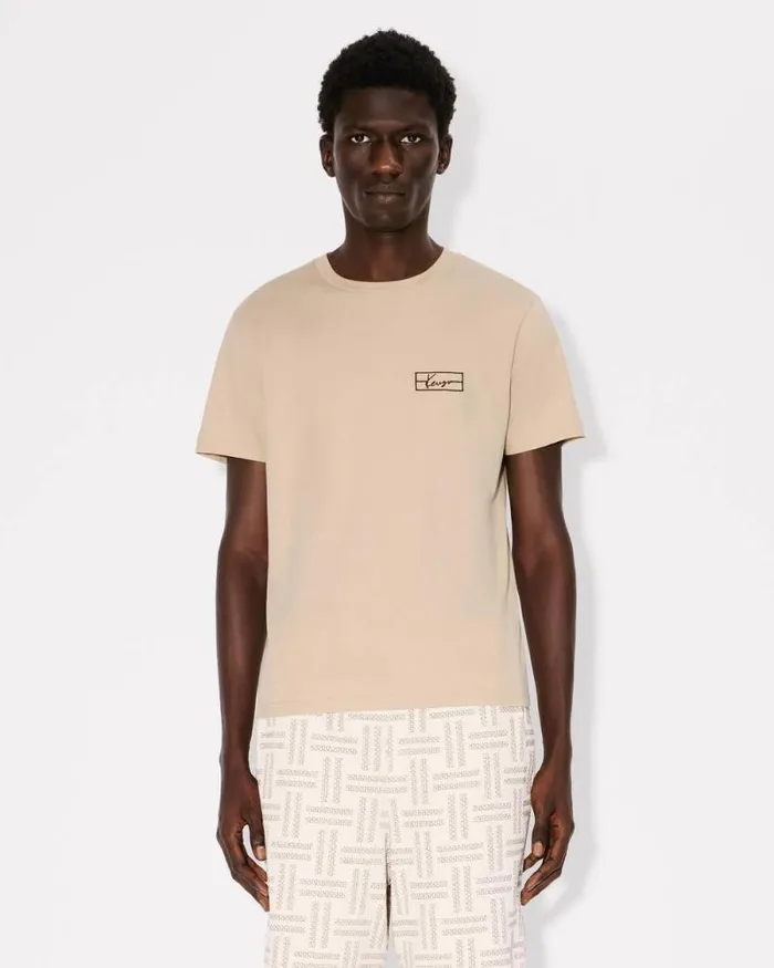 Men 039KENZO Weave039 Embroidered Slim Tshirt In Cotton Beige Kenzo Tshirts And Polos