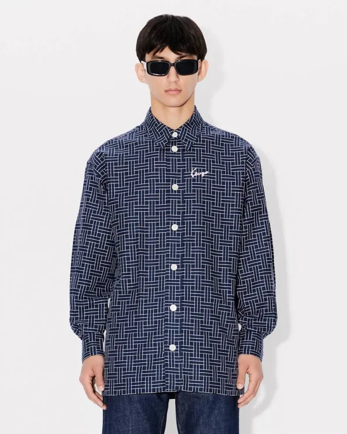 Men 039KENZO Weave039 Oversized Shirt Midnight Blue Kenzo Shirts