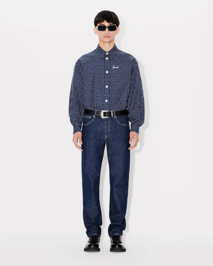 Men 039KENZO Weave039 Oversized Shirt Midnight Blue Kenzo Shirts