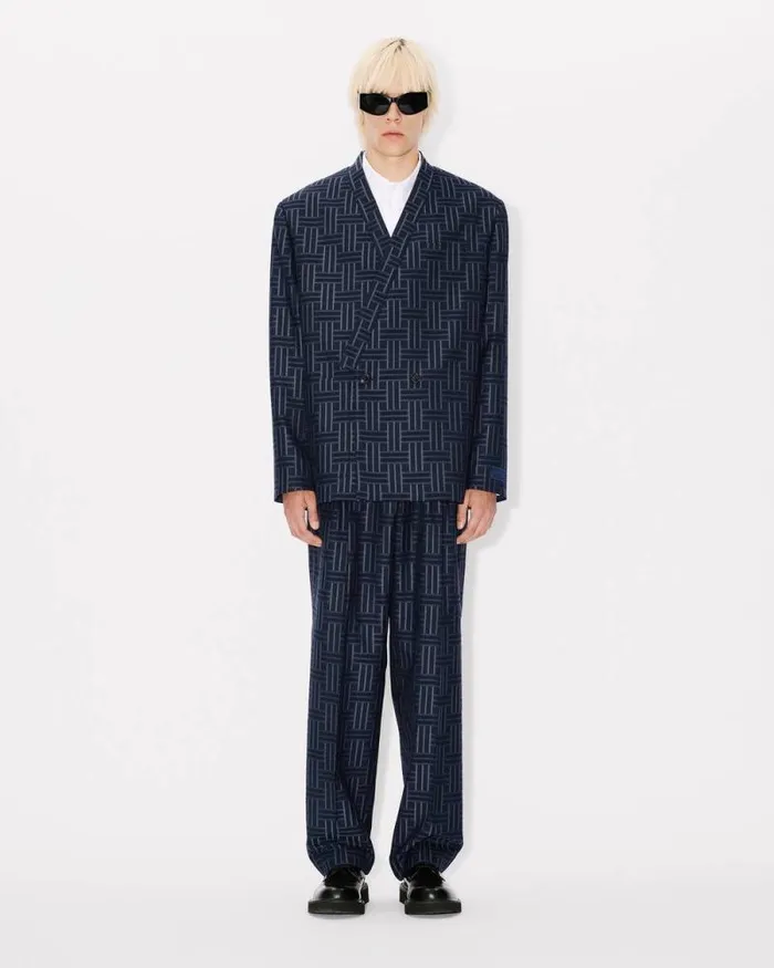 Men 039KENZO Weave039 Pleated Tailored Pants In Wool Midnight Blue Kenzo Pants And Shorts