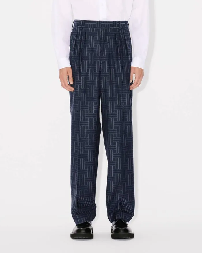 Men 039KENZO Weave039 Pleated Tailored Pants In Wool Midnight Blue Kenzo Pants And Shorts