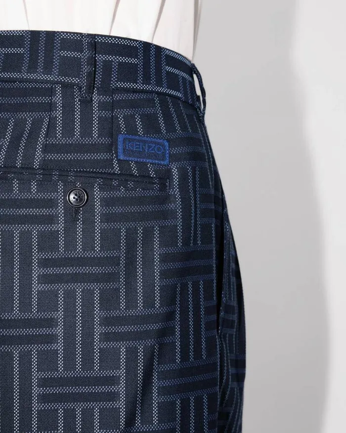 Men 039KENZO Weave039 Pleated Tailored Pants In Wool Midnight Blue Kenzo Pants And Shorts