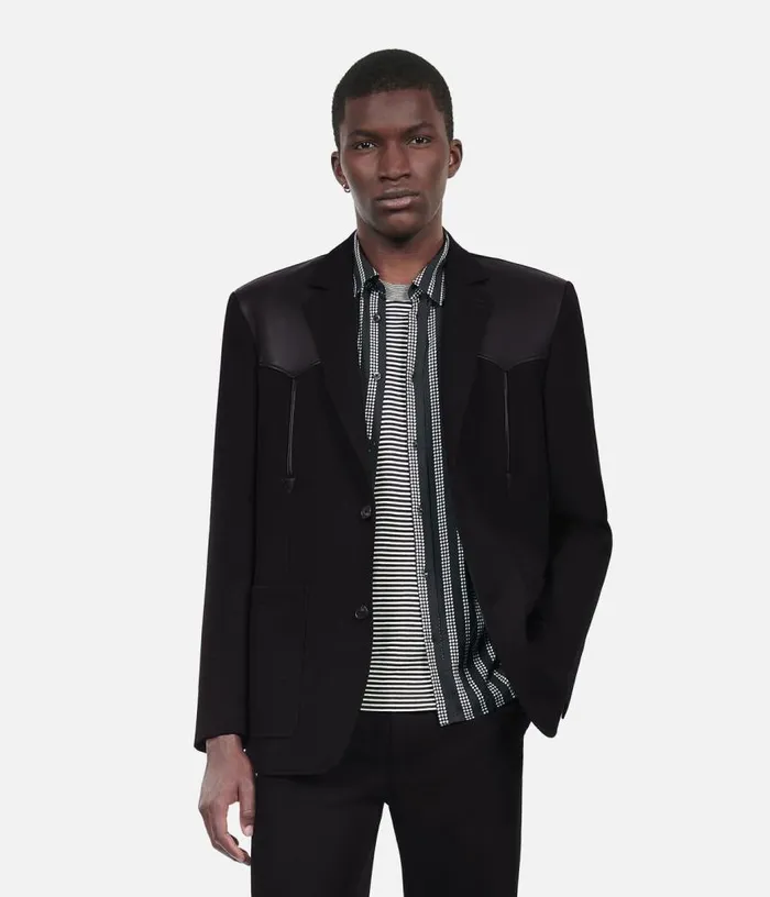 Men Black Wool Jacket With Lambskin Details THE KOOPLES Blazers and Suits