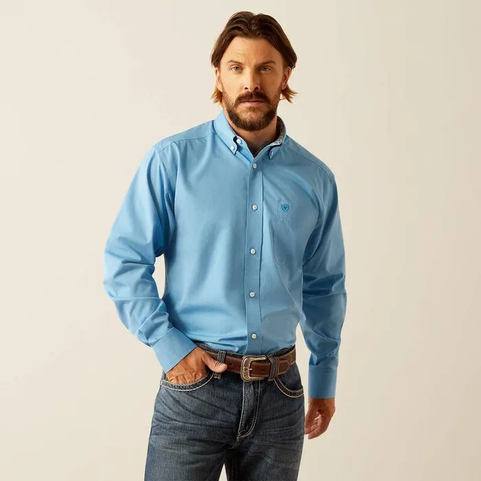 Men Button Down Shirts Ariat Wrinkle Free Solid Classic Fit Shirt Blue