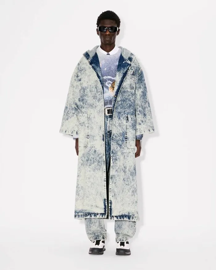 Men Doublebreasted Coat In Japanese Denim With Kimono Sleeves Snow Bleached Blue Denim Kenzo Jackets And Coats