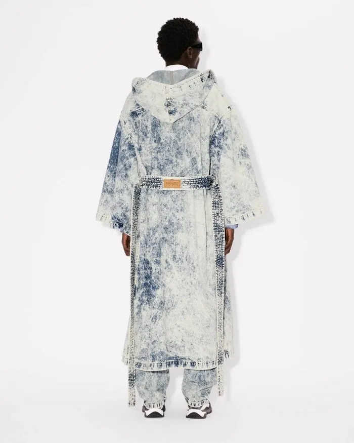 Men Doublebreasted Coat In Japanese Denim With Kimono Sleeves Snow Bleached Blue Denim Kenzo Jackets And Coats