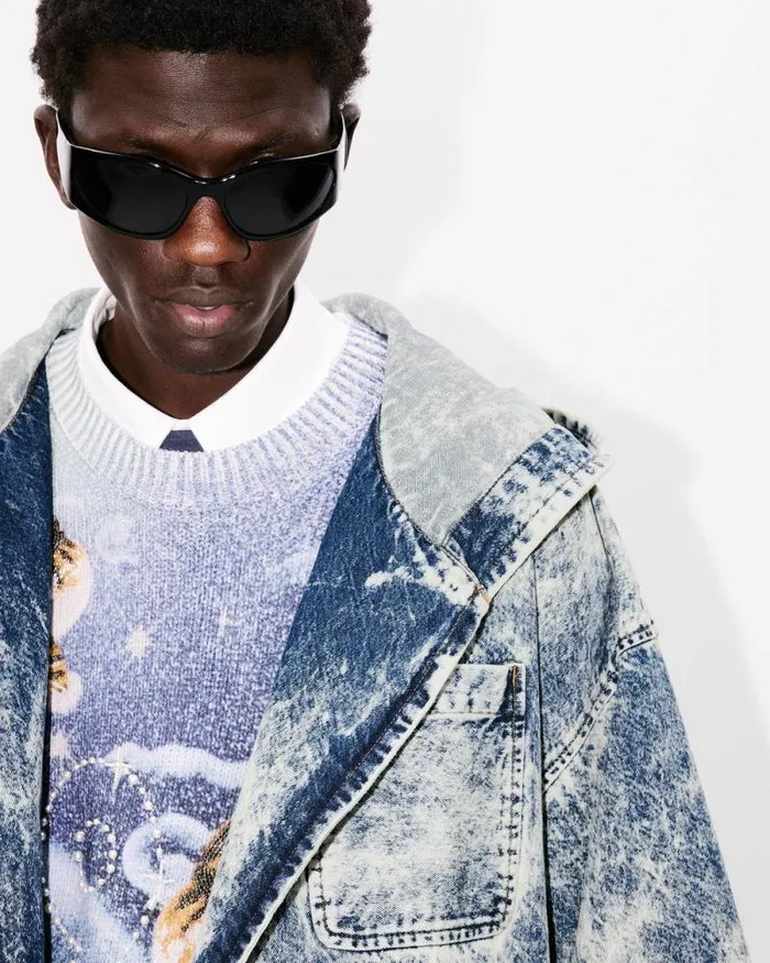 Men Doublebreasted Coat In Japanese Denim With Kimono Sleeves Snow Bleached Blue Denim Kenzo Jackets And Coats