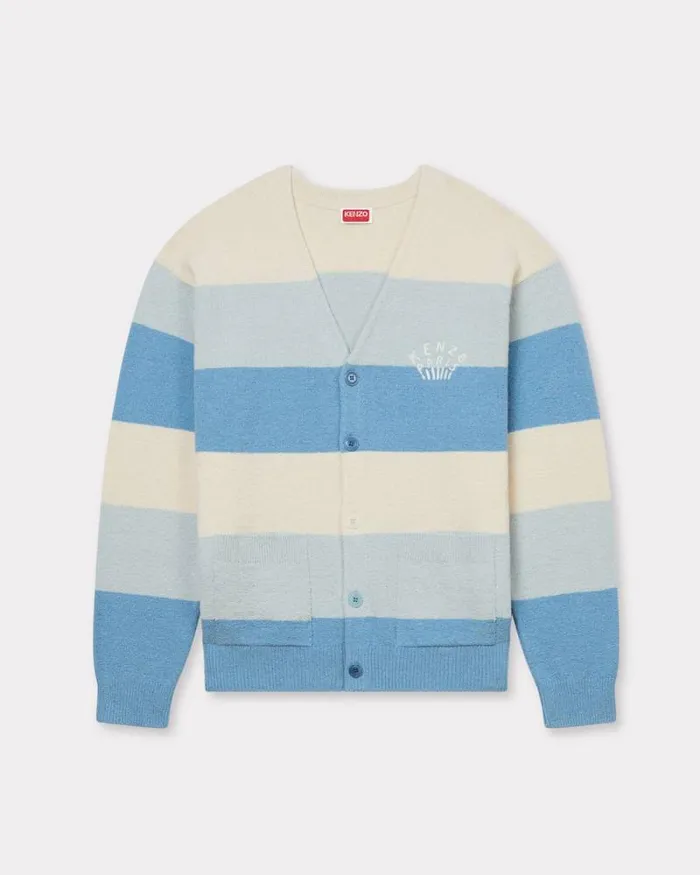 Men Embroidered Stripes Cardigan In Cotton Blend Sky Blue Kenzo Sweaters And Cardigans