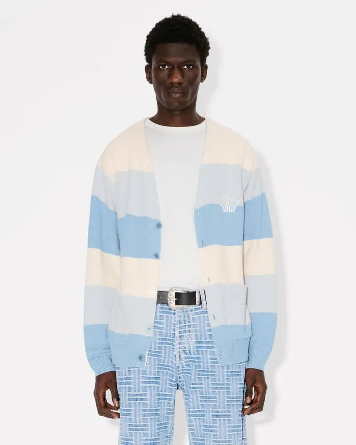 Men Embroidered Stripes Cardigan In Cotton Blend Sky Blue Kenzo Sweaters And Cardigans