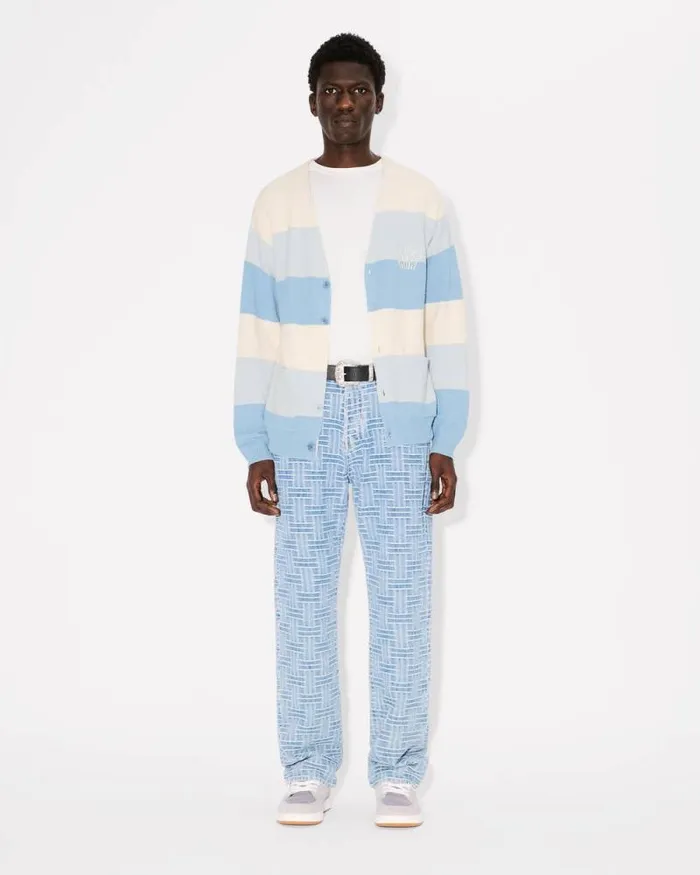 Men Embroidered Stripes Cardigan In Cotton Blend Sky Blue Kenzo Sweaters And Cardigans