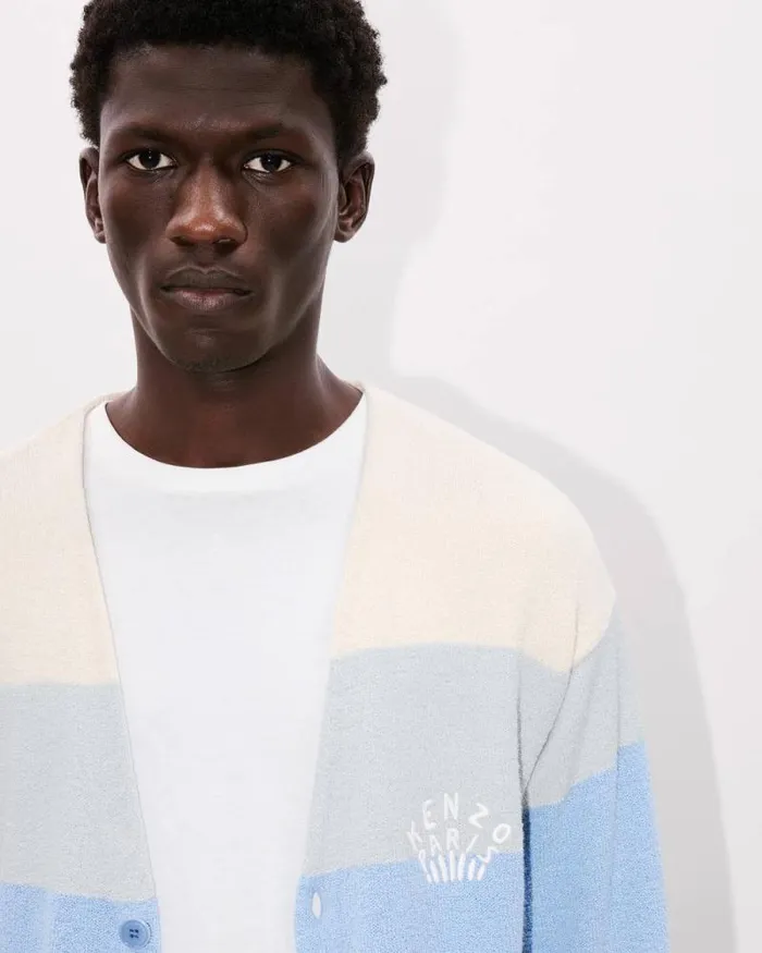 Men Embroidered Stripes Cardigan In Cotton Blend Sky Blue Kenzo Sweaters And Cardigans