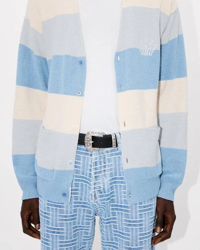 Men Embroidered Stripes Cardigan In Cotton Blend Sky Blue Kenzo Sweaters And Cardigans