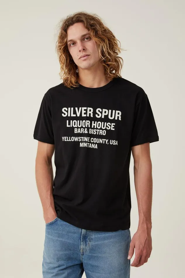 Men Graphic TShirts Cotton On Loose Fit Art TShirt Blacksilver Spur