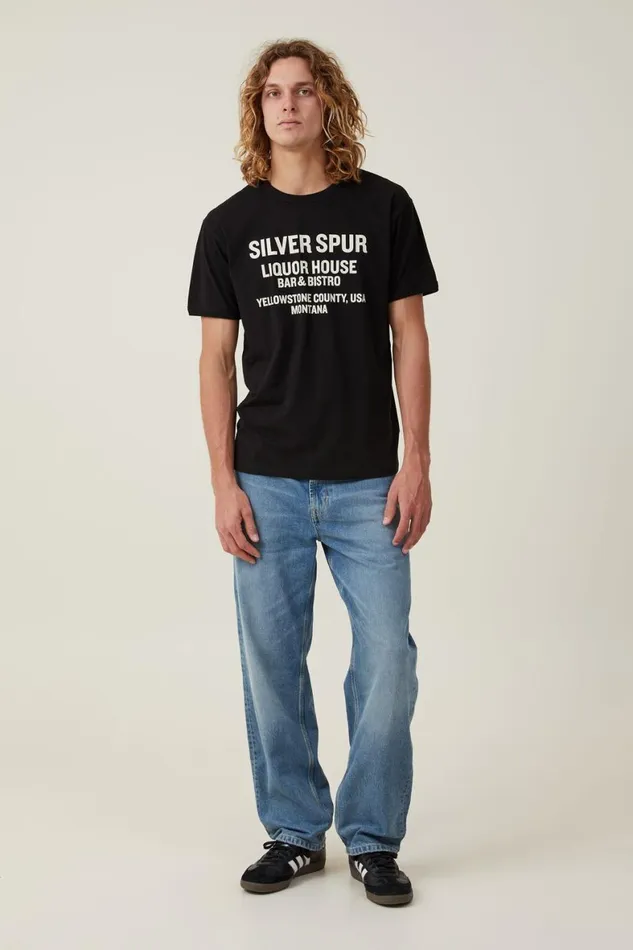 Men Graphic TShirts Cotton On Loose Fit Art TShirt Blacksilver Spur