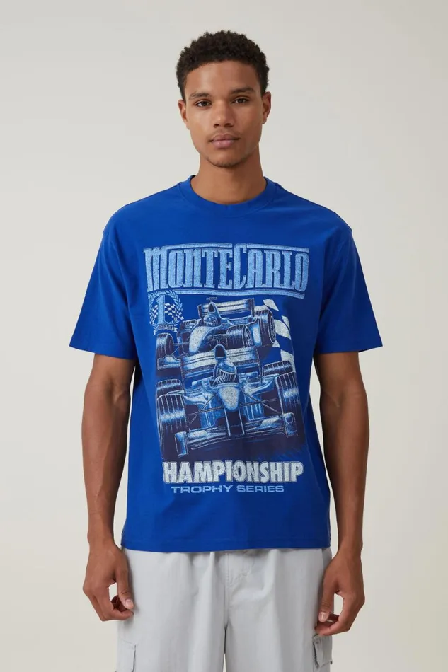 Men Graphic TShirts Cotton On Pit Stop Loose Fit TShirt Royal Blue Monte Carlo