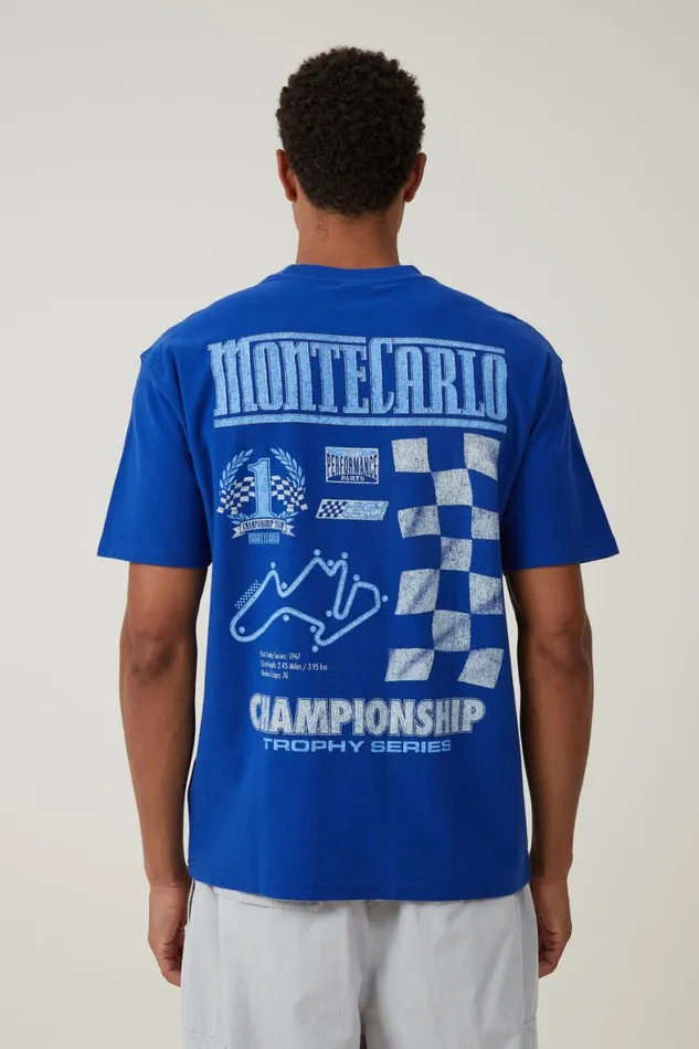Men Graphic TShirts Cotton On Pit Stop Loose Fit TShirt Royal Blue Monte Carlo
