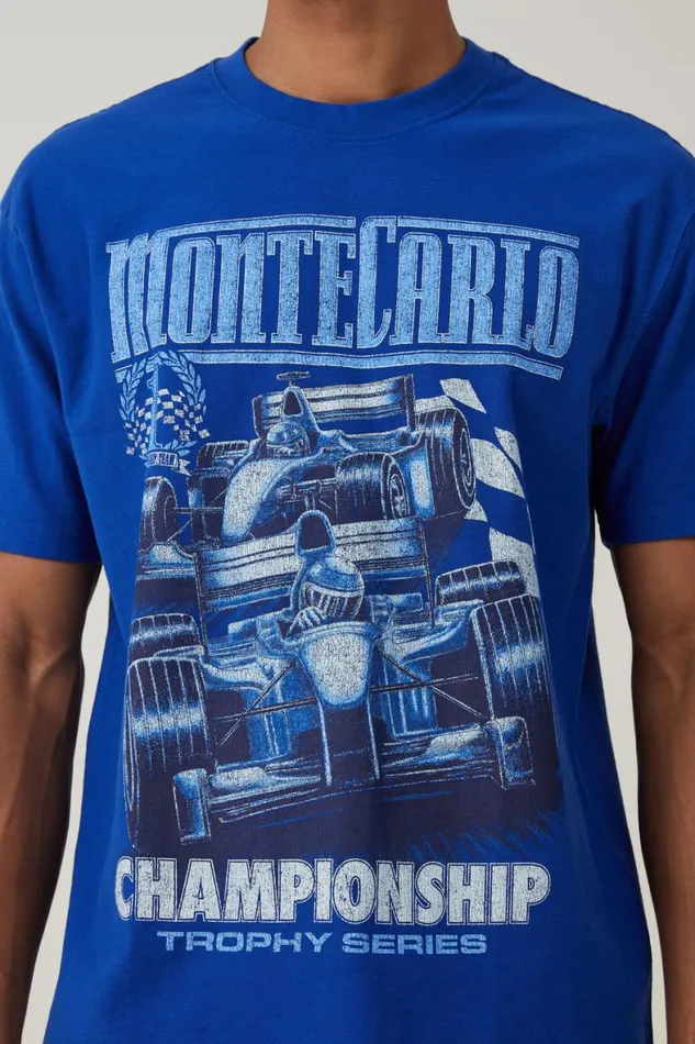 Men Graphic TShirts Cotton On Pit Stop Loose Fit TShirt Royal Blue Monte Carlo