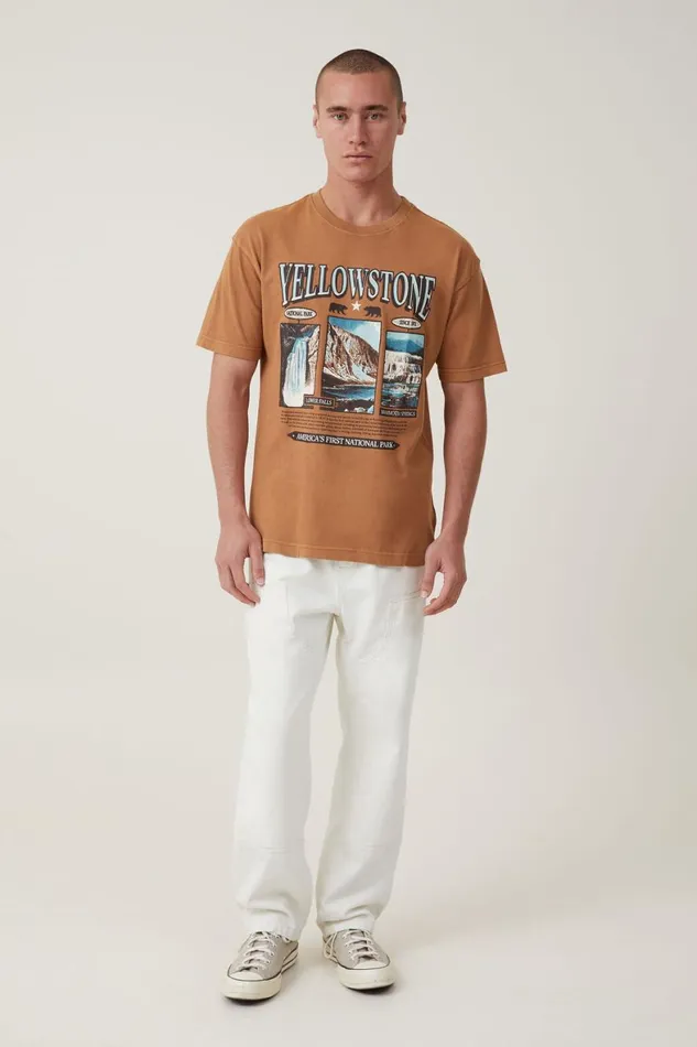 Men Graphic TShirts Cotton On Premium Loose Fit Art TShirt Gingeryellowstone Geyser
