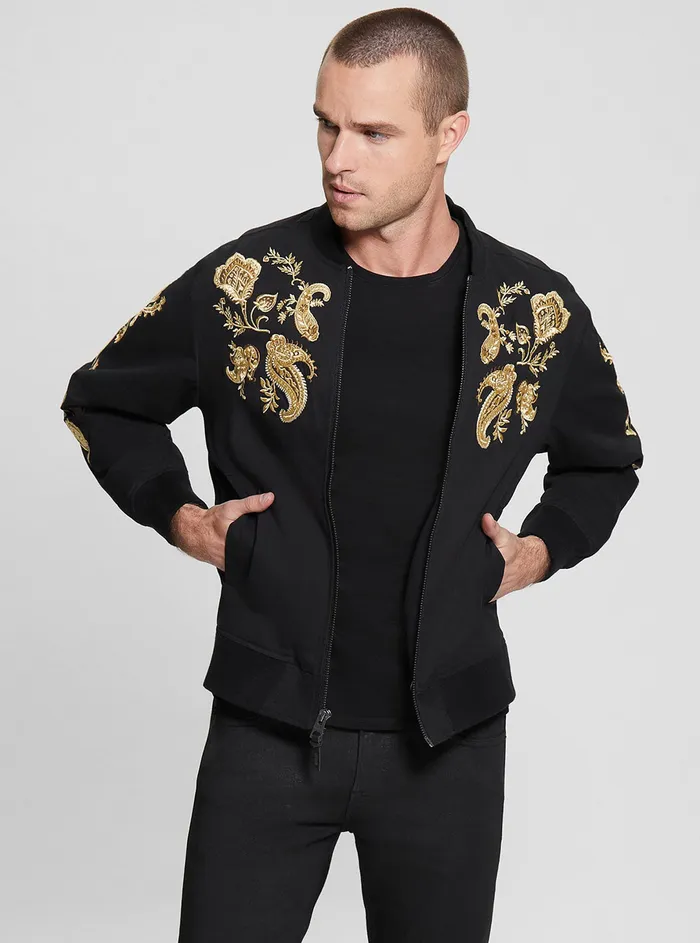 Men Jackets GUESS Black Maxim Embroidered Bomber Jacket