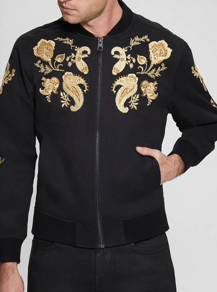 Men Jackets GUESS Black Maxim Embroidered Bomber Jacket