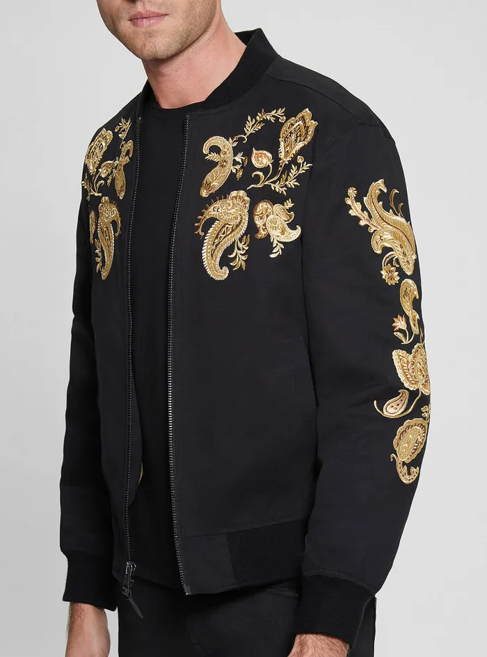 Men Jackets GUESS Black Maxim Embroidered Bomber Jacket