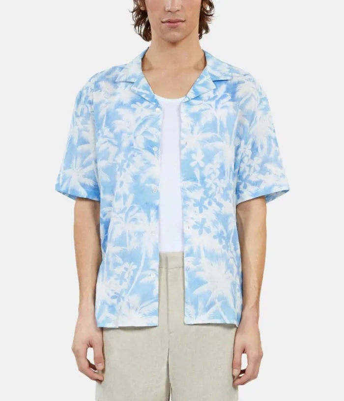 Men Light Blue Palm Tree Print Short Sleeve Shirt THE KOOPLES Shirts