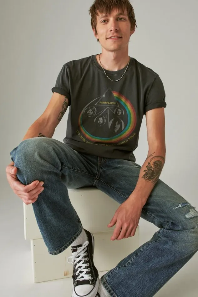 Men Lucky Brand Graphic Tees Pink Floyd Rainbow Jet Black
