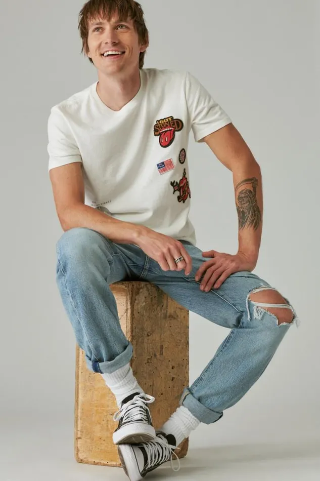 Men Lucky Brand Graphic Tees Rolling Stones Patch Marshmallow