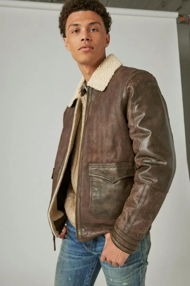 Men Lucky Brand Jackets and Outerwear Leather Aviator Jacket With Faux Shearling Collar Pinecone