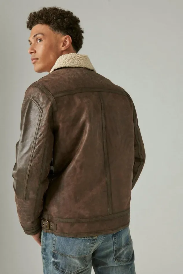 Men Lucky Brand Jackets and Outerwear Leather Aviator Jacket With Faux Shearling Collar Pinecone