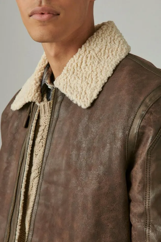 Men Lucky Brand Jackets and Outerwear Leather Aviator Jacket With Faux Shearling Collar Pinecone