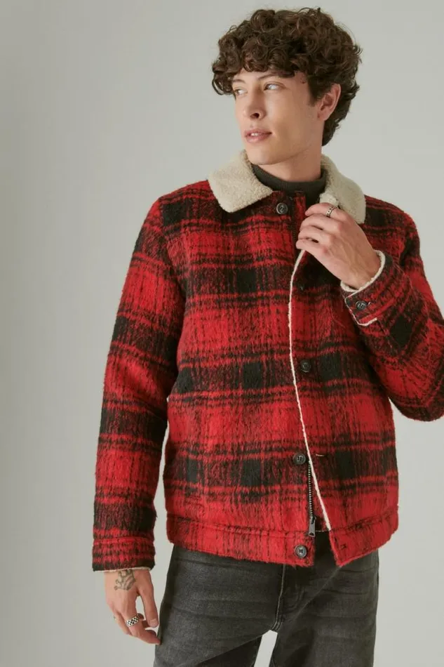 Men Lucky Brand Jackets and Outerwear Plaid Faux Shearling Lined Trucker Jacket Red Plaid