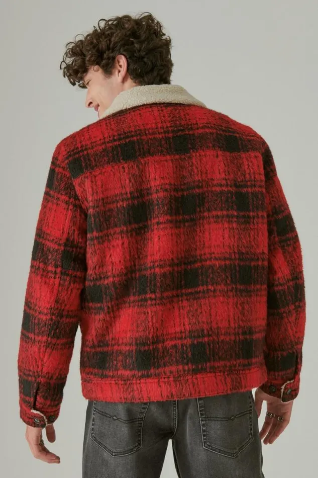 Men Lucky Brand Jackets and Outerwear Plaid Faux Shearling Lined Trucker Jacket Red Plaid