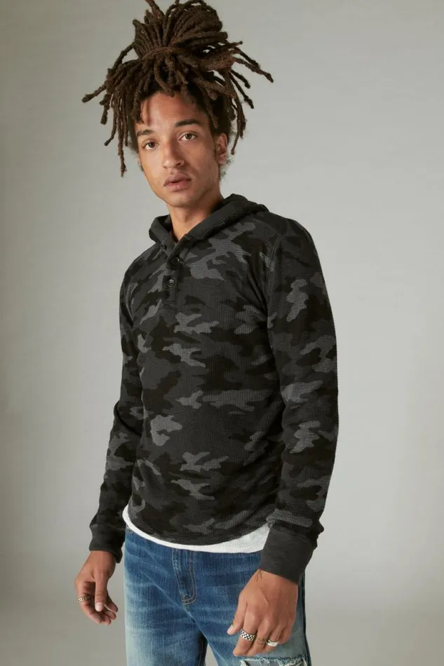 Men Lucky Brand Shirts and Tops Garment Dye Camo Thermal Hoodley Multi