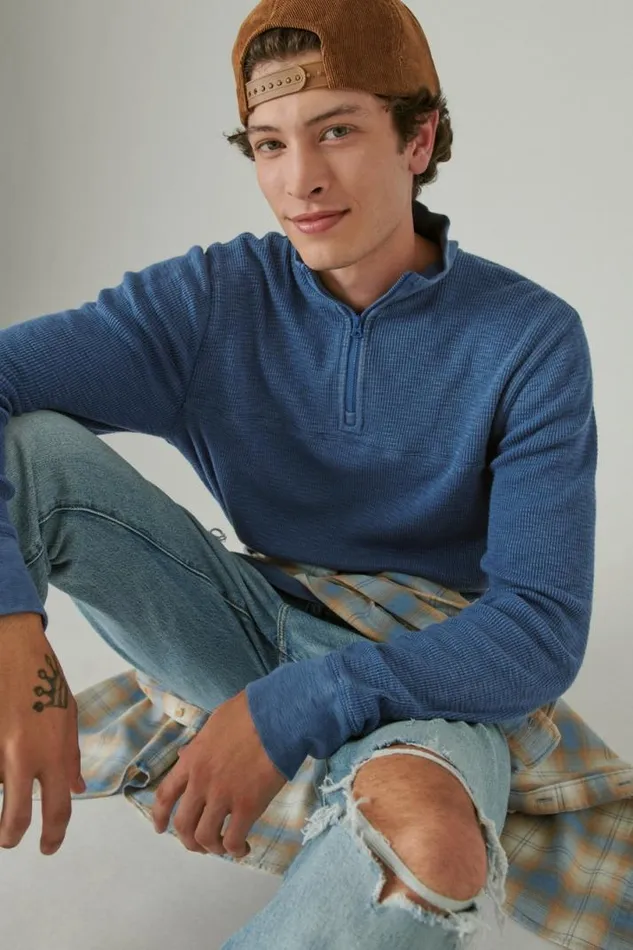 Men Lucky Brand Shirts and Tops Garment Dye Thermal Mock Half Zip True Navy