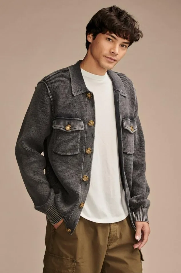 Men Lucky Brand Sweaters Acid Wash Button Through Sweater Cardigan Black Acid Wash